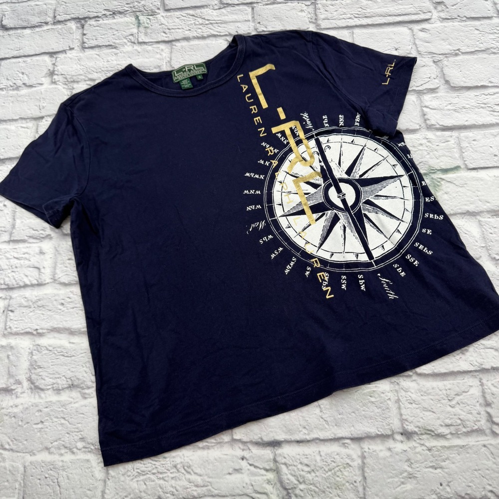 Lauren Ralph Lauren Active Navy Blue Compass Graphic T-Shirt Womens XL Short Slv
